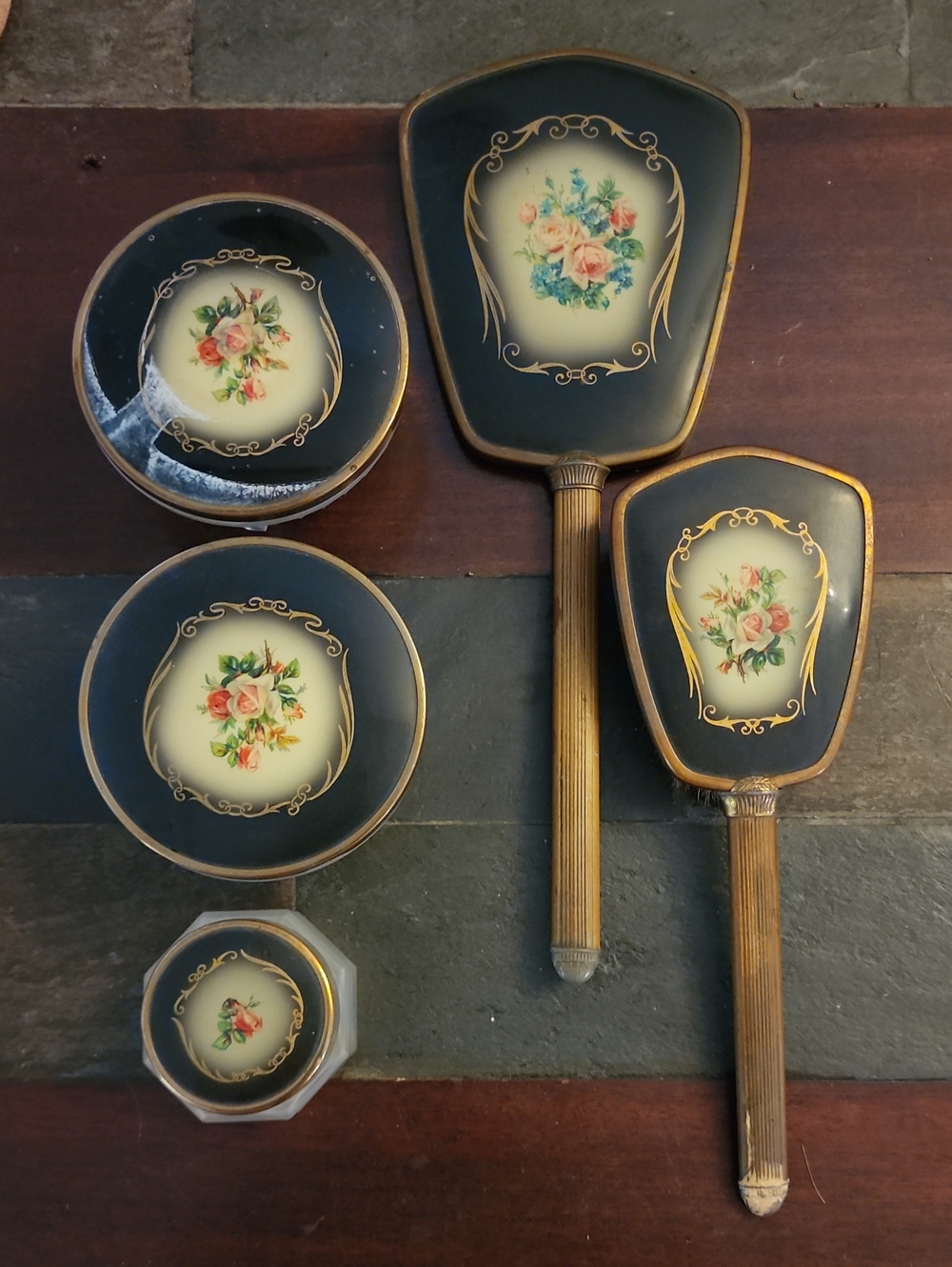 Antique Vanity Set. 5 Piece. Floral Vanity Set - Dark Blue and Gold Accent